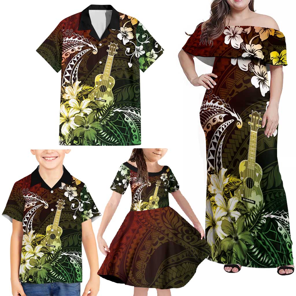 Hawaii Ukulele Family Matching Off Shoulder Maxi Dress and Hawaiian Shirt Polynesian Pattern Mix Hibiscus Reggae Version LT05