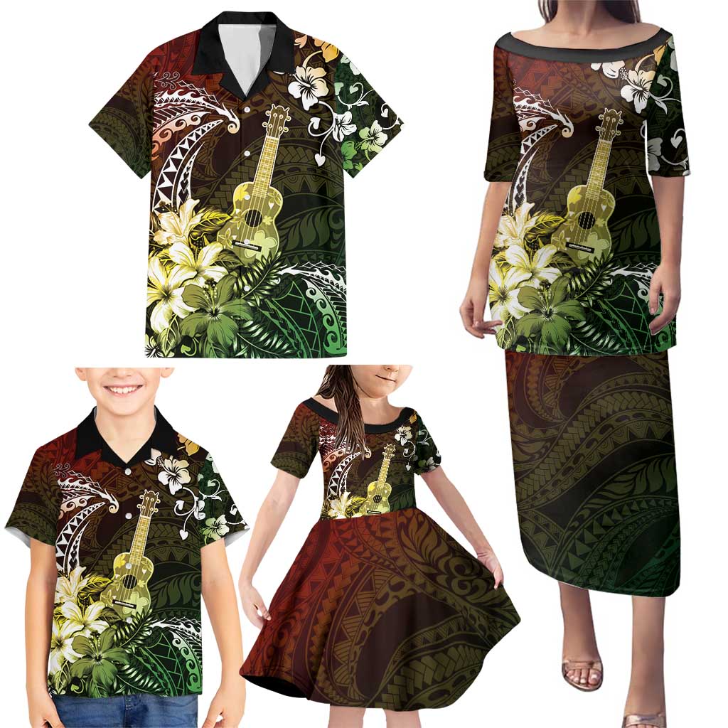 Hawaii Ukulele Family Matching Puletasi and Hawaiian Shirt Polynesian Pattern Mix Hibiscus Reggae Version LT05