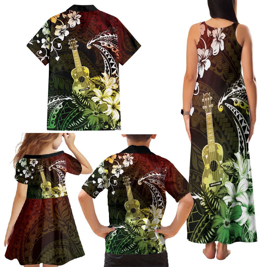 Hawaii Ukulele Family Matching Tank Maxi Dress and Hawaiian Shirt Polynesian Pattern Mix Hibiscus Reggae Version LT05