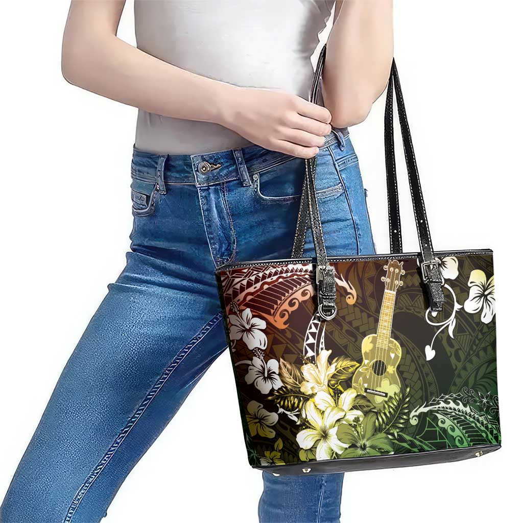 Hawaii Ukulele Leather Tote Bag Polynesian Pattern Mix Hibiscus Reggae Version