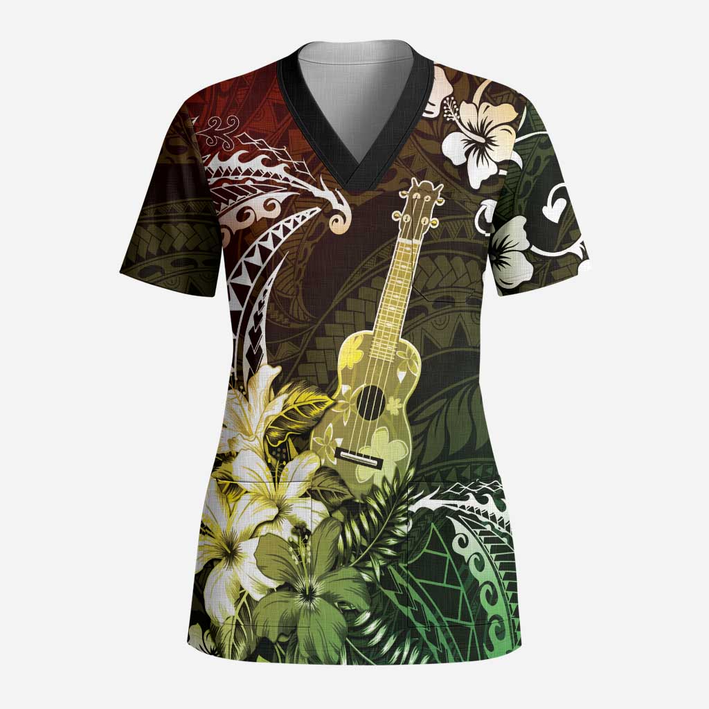 Hawaii Ukulele Scrub Top Polynesian Pattern Mix Hibiscus Reggae Version - Polynesian Pride