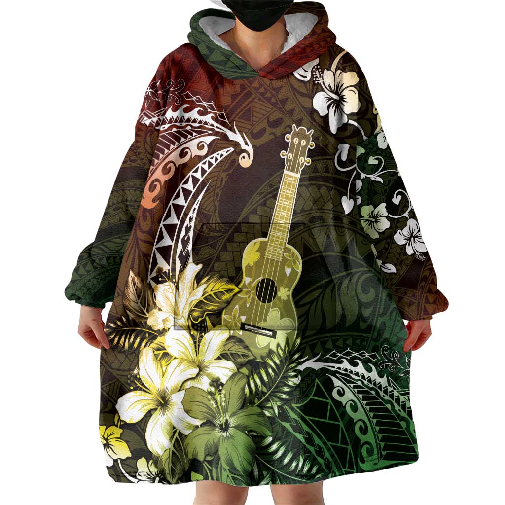 Hawaii Ukulele Wearable Blanket Hoodie Polynesian Pattern Mix Hibiscus Reggae Version LT05