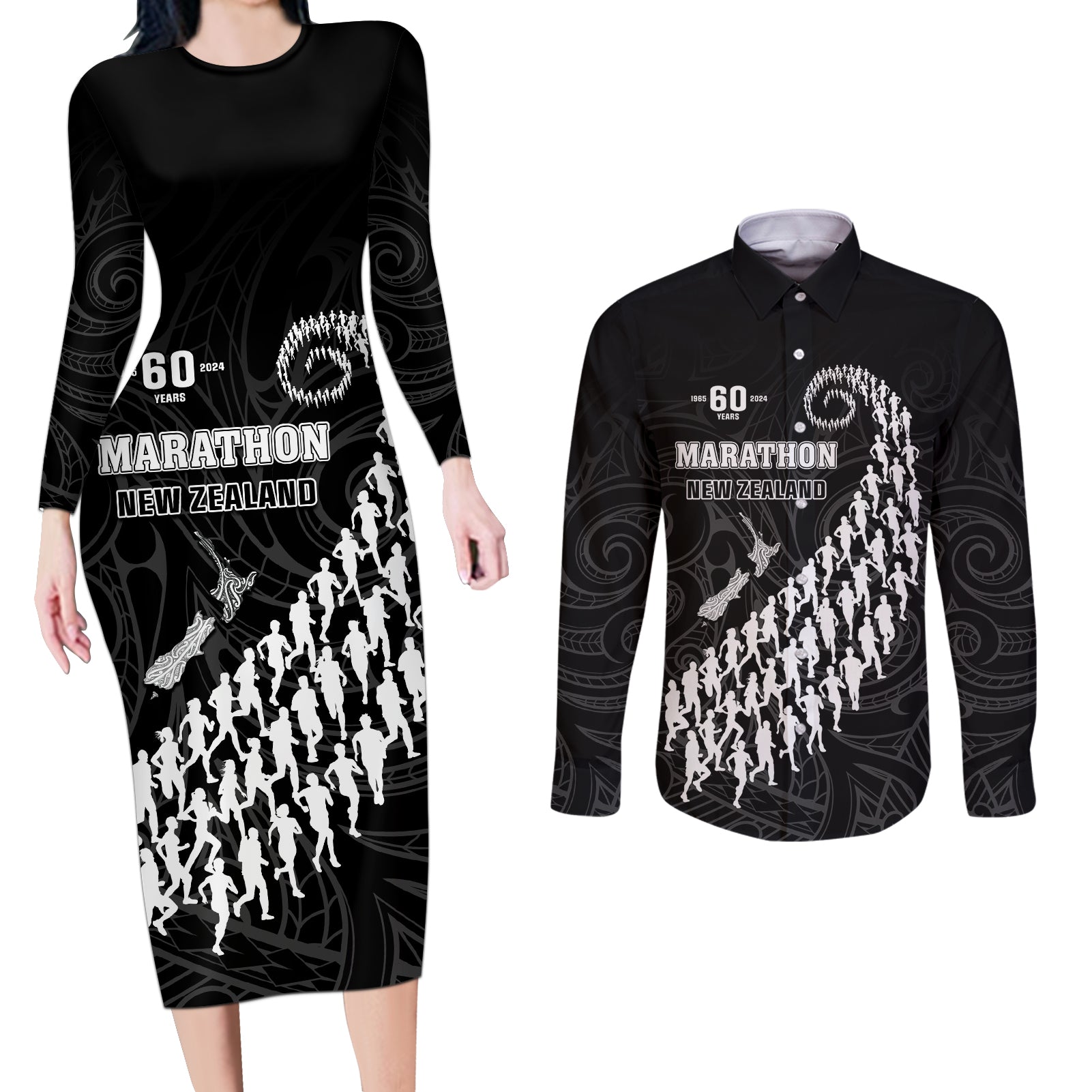 Custom New Zealand Marathon Couples Matching Long Sleeve Bodycon Dress and Long Sleeve Button Shirt Maori Style