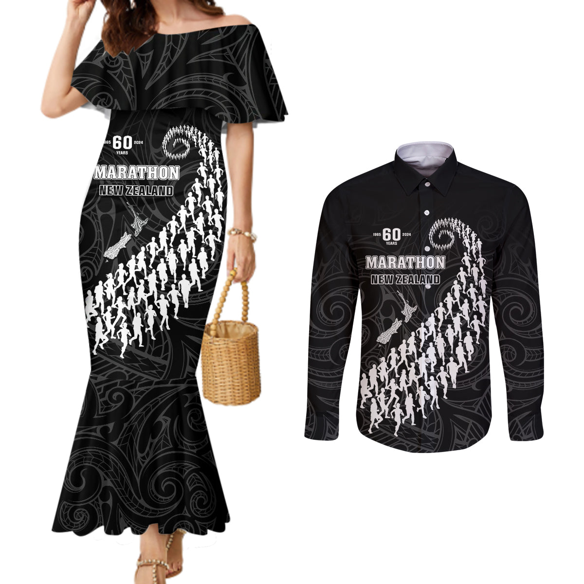 Custom New Zealand Marathon Couples Matching Mermaid Dress and Long Sleeve Button Shirt Maori Style