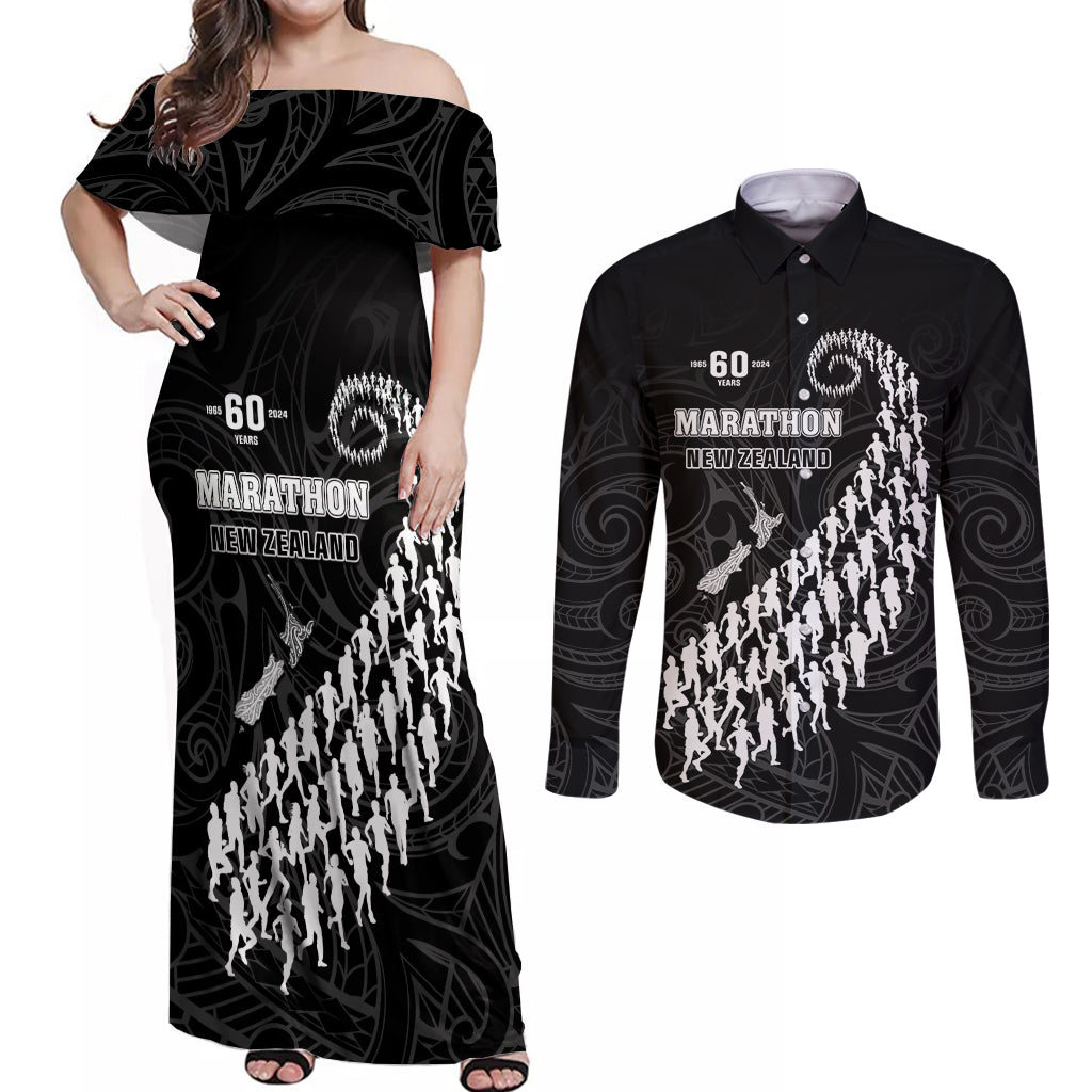 Custom New Zealand Marathon Couples Matching Off Shoulder Maxi Dress and Long Sleeve Button Shirt Maori Style