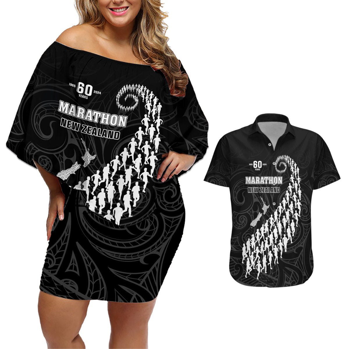 Custom New Zealand Marathon Couples Matching Off Shoulder Short Dress and Hawaiian Shirt Maori Style LT05 Black - Polynesian Pride