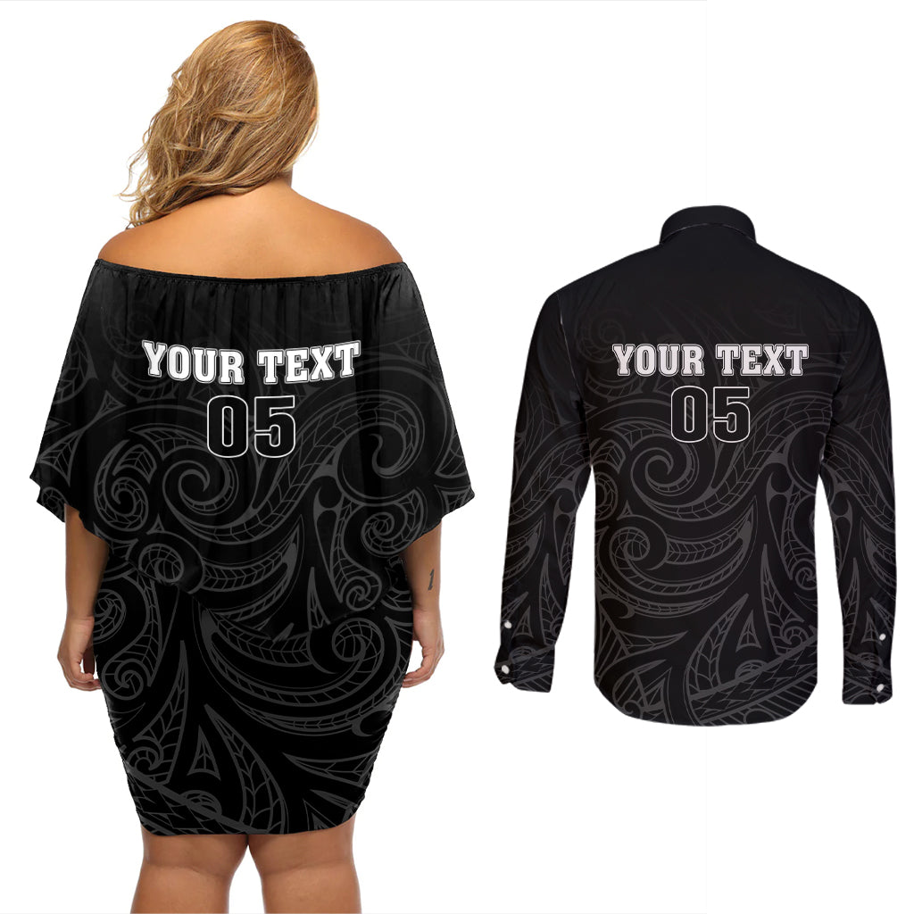 Custom New Zealand Marathon Couples Matching Off Shoulder Short Dress and Long Sleeve Button Shirt Maori Style LT05 - Polynesian Pride