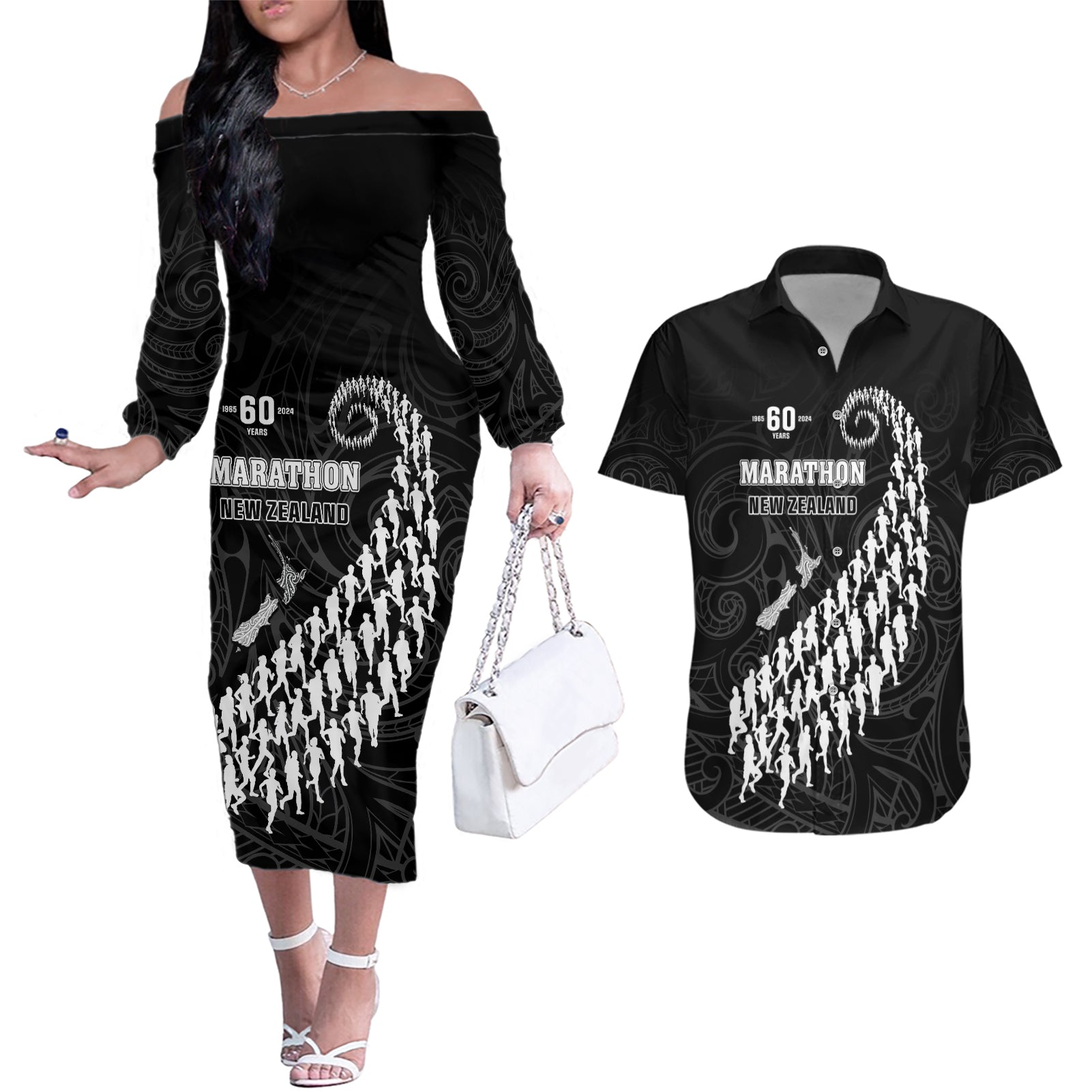 Custom New Zealand Marathon Couples Matching Off The Shoulder Long Sleeve Dress and Hawaiian Shirt Maori Style