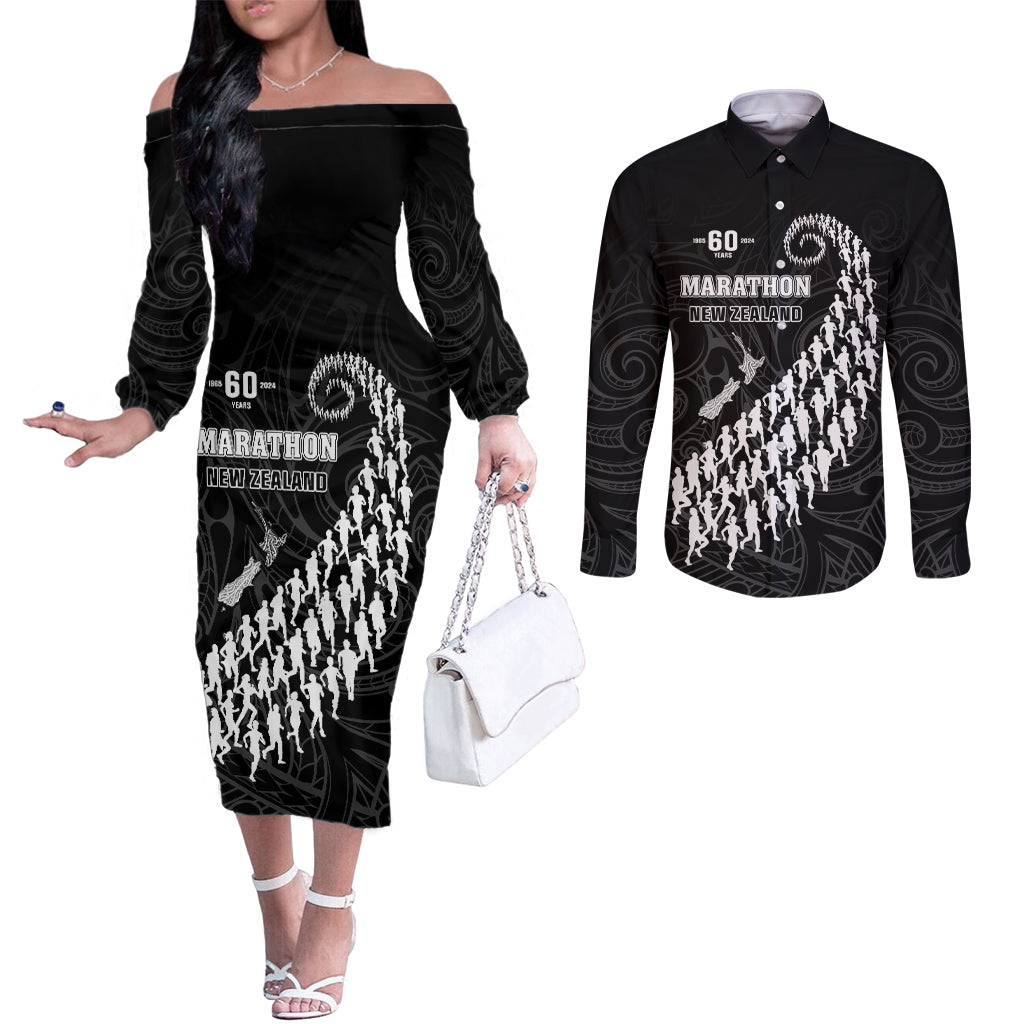 Custom New Zealand Marathon Couples Matching Off The Shoulder Long Sleeve Dress and Long Sleeve Button Shirt Maori Style