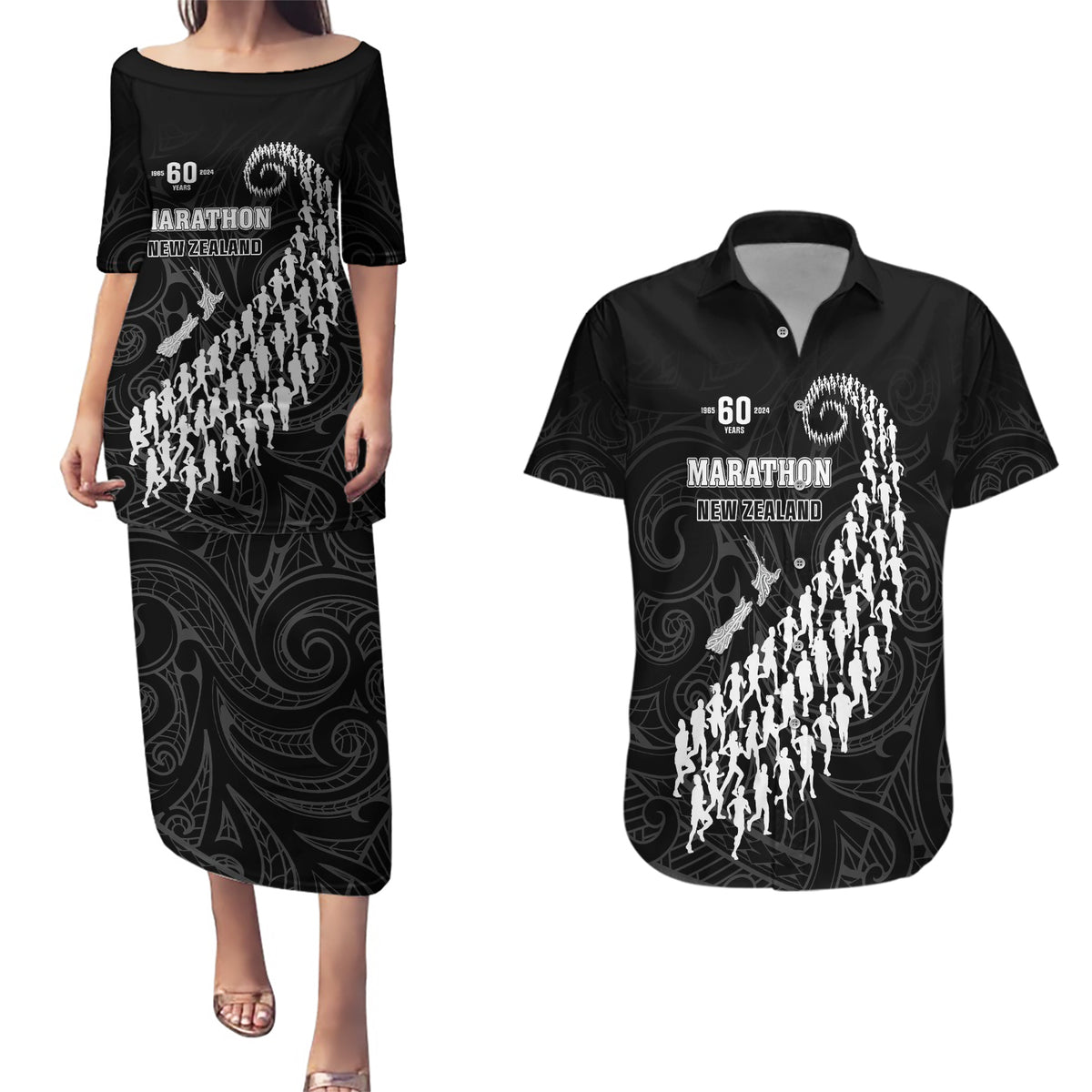 Custom New Zealand Marathon Couples Matching Puletasi and Hawaiian Shirt Maori Style LT05 Black - Polynesian Pride