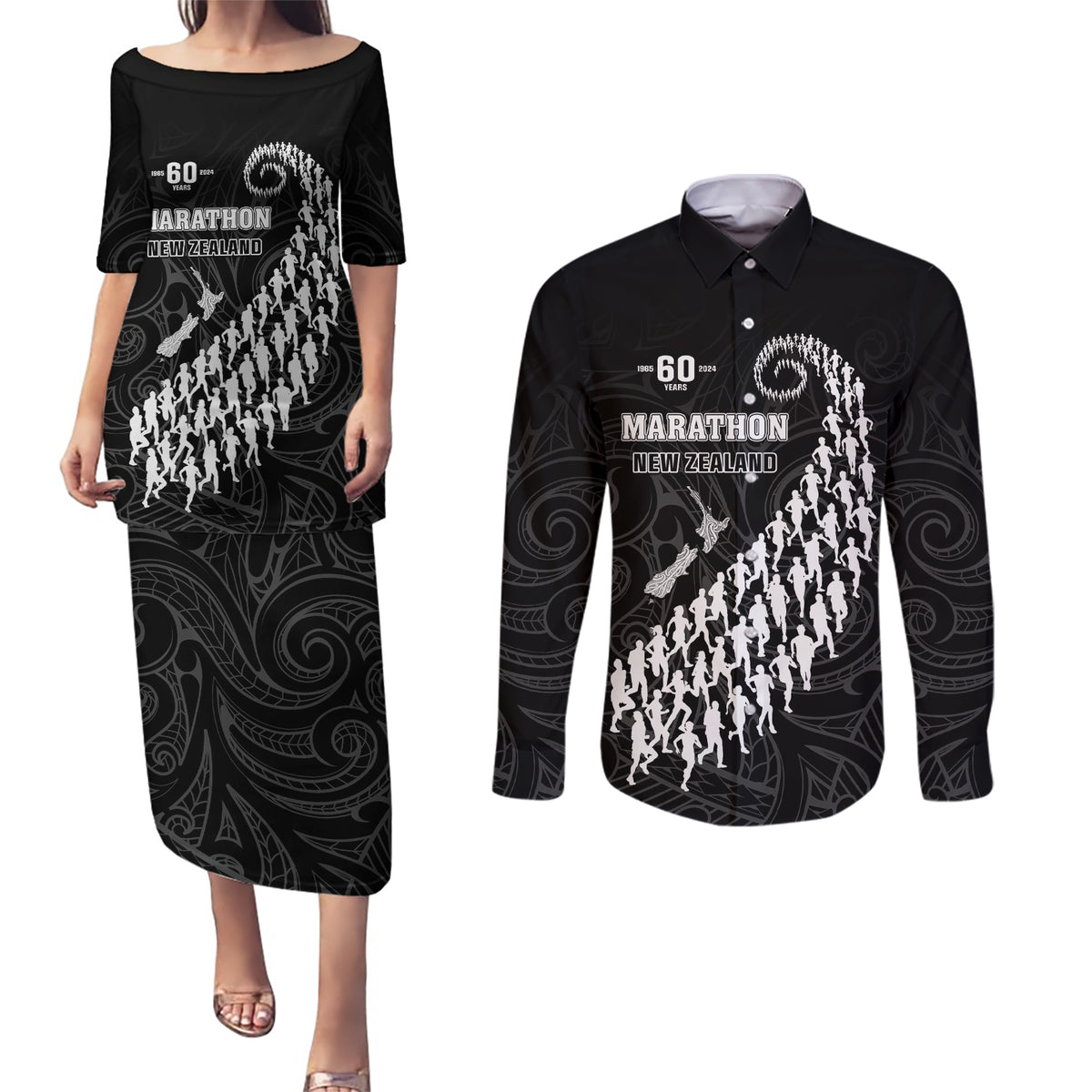 Custom New Zealand Marathon Couples Matching Puletasi and Long Sleeve Button Shirt Maori Style LT05 Black - Polynesian Pride