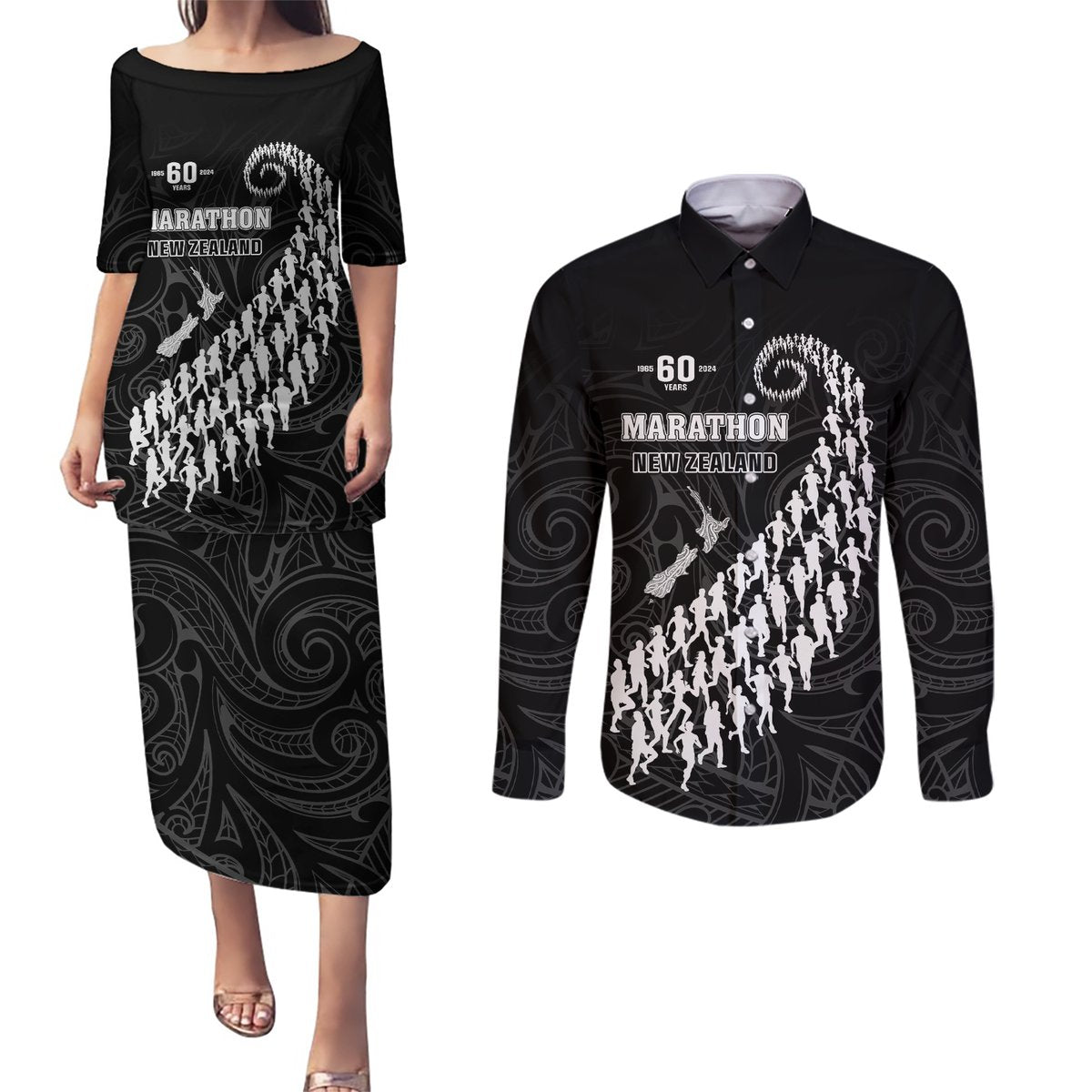 Custom New Zealand Marathon Couples Matching Puletasi and Long Sleeve Button Shirt Maori Style LT05 Black - Polynesian Pride