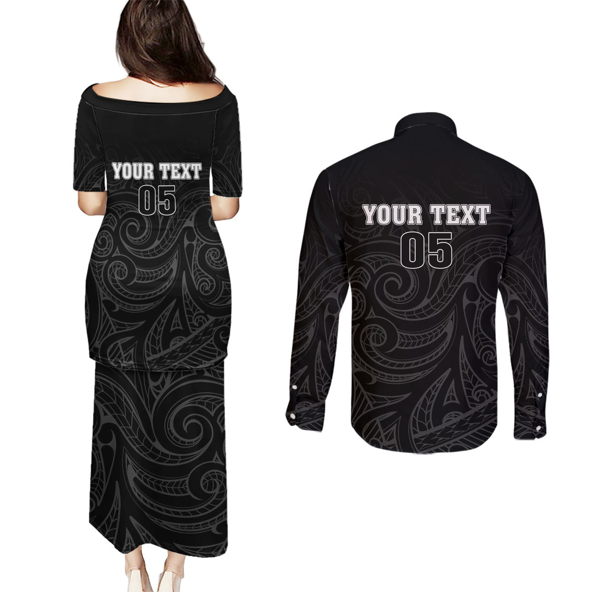 Custom New Zealand Marathon Couples Matching Puletasi and Long Sleeve Button Shirt Maori Style LT05 - Polynesian Pride
