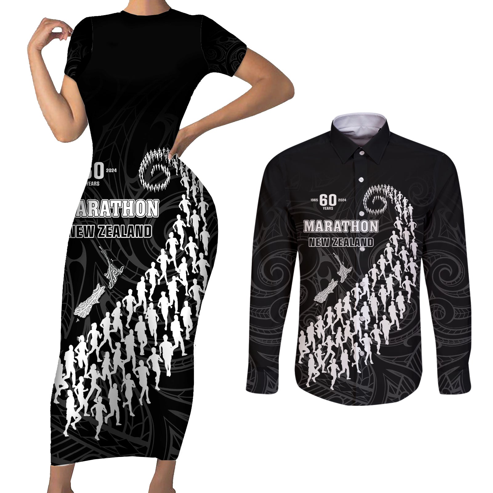 Custom New Zealand Marathon Couples Matching Short Sleeve Bodycon Dress and Long Sleeve Button Shirt Maori Style