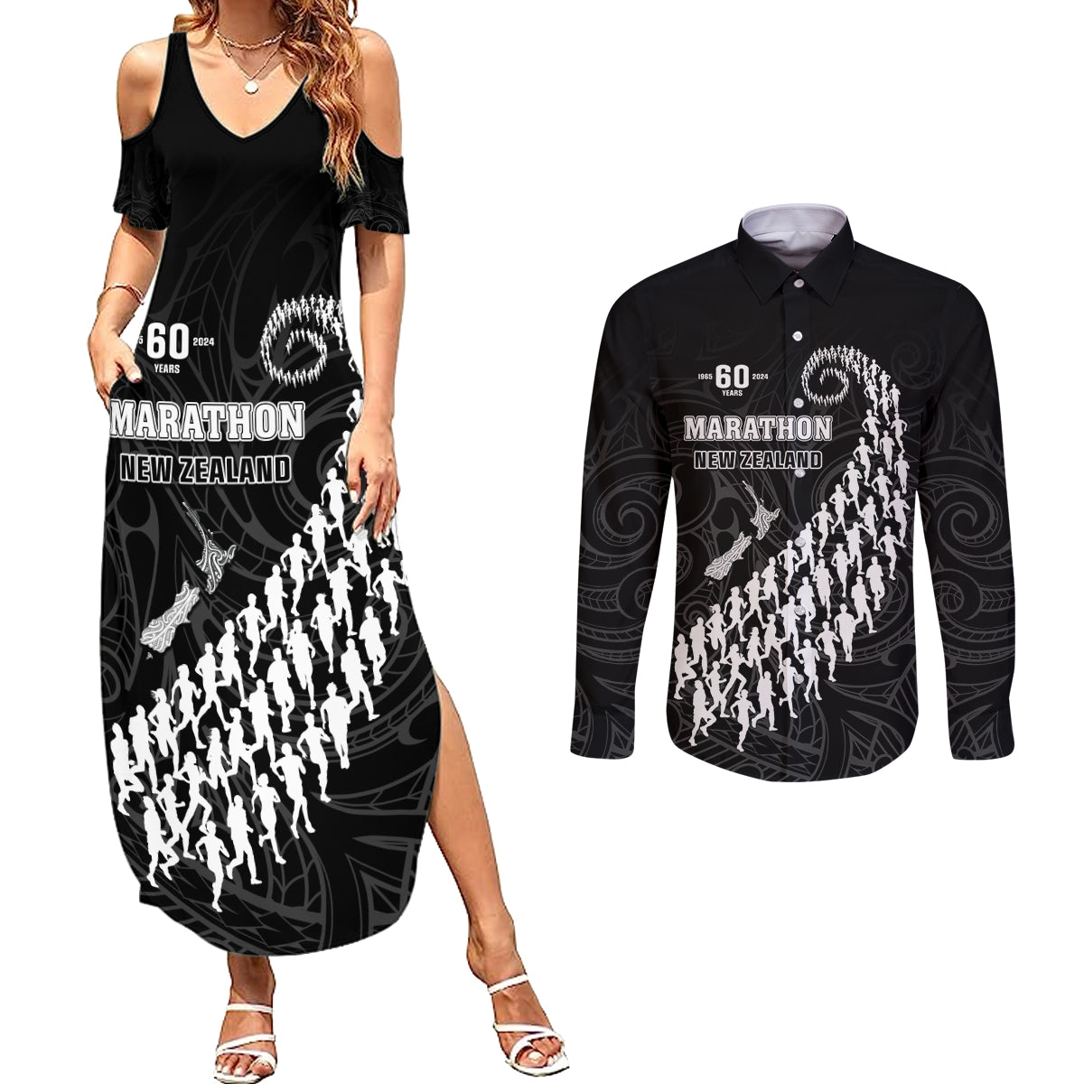 Custom New Zealand Marathon Couples Matching Summer Maxi Dress and Long Sleeve Button Shirt Maori Style