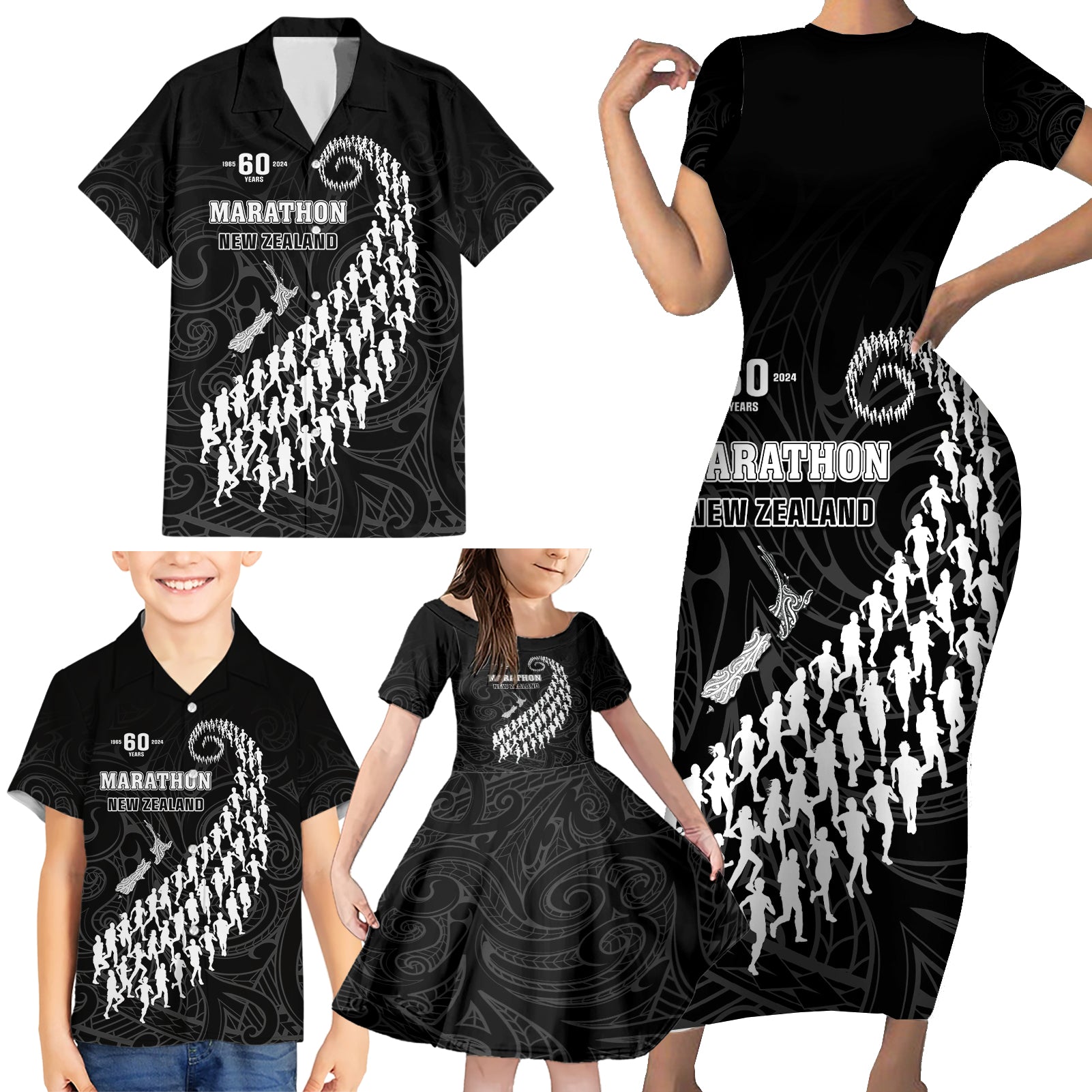 Custom New Zealand Marathon Family Matching Short Sleeve Bodycon Dress and Hawaiian Shirt Maori Style