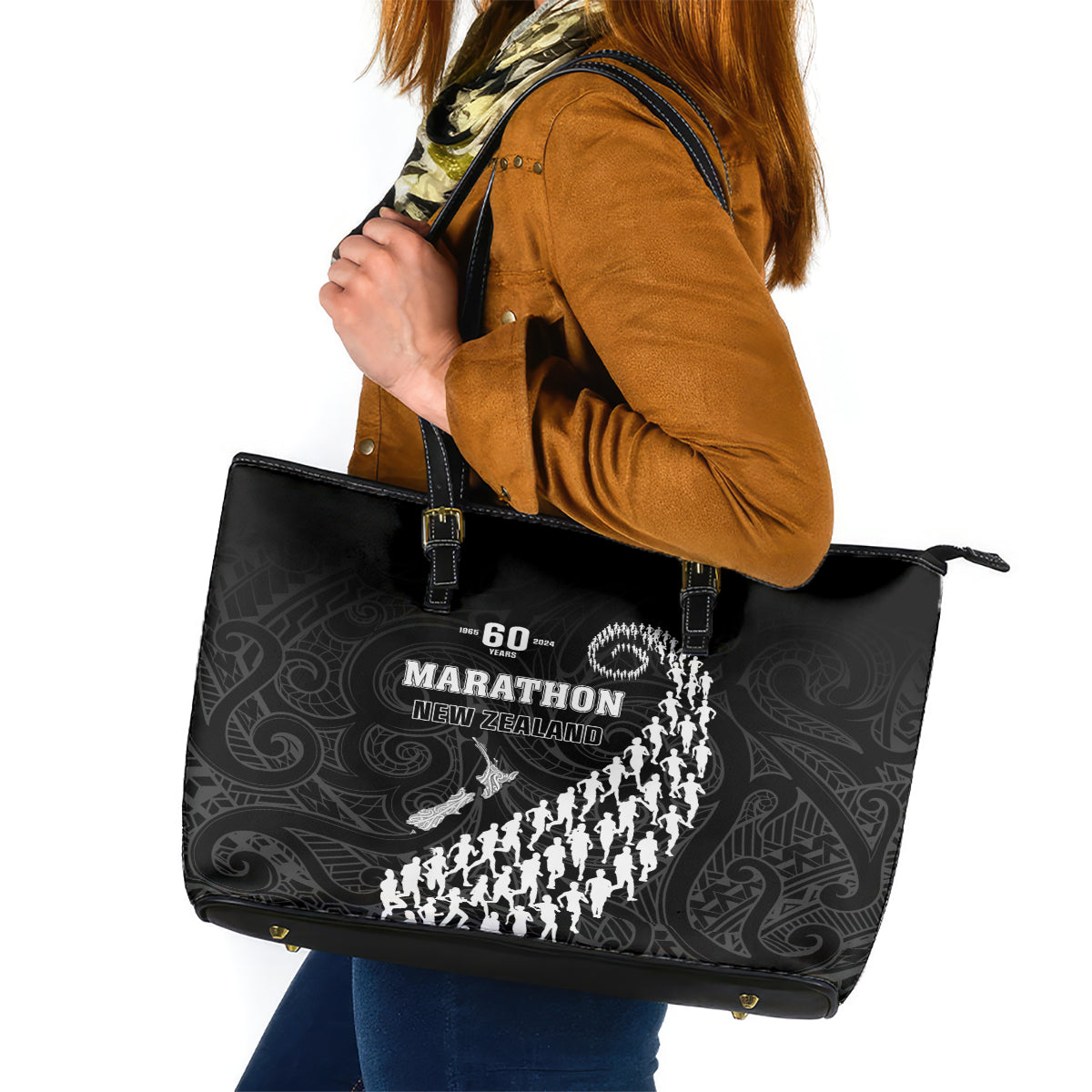 New Zealand Marathon Leather Tote Bag Maori Style LT05 Black - Polynesian Pride