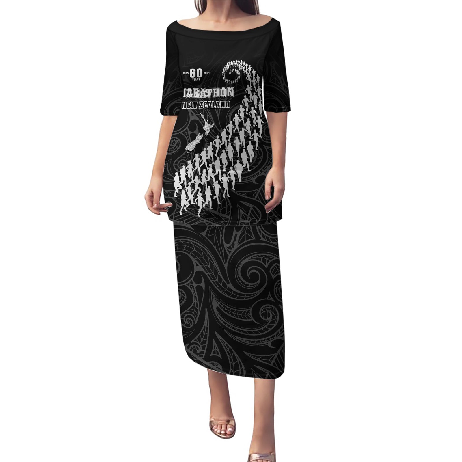 Custom New Zealand Marathon Puletasi Maori Style LT05 Long Dress Black - Polynesian Pride