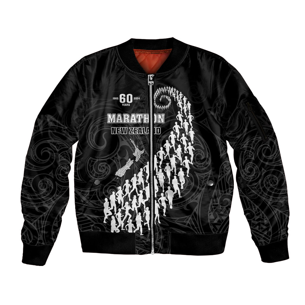Custom New Zealand Marathon Sleeve Zip Bomber Jacket Maori Style LT05 Unisex Black - Polynesian Pride