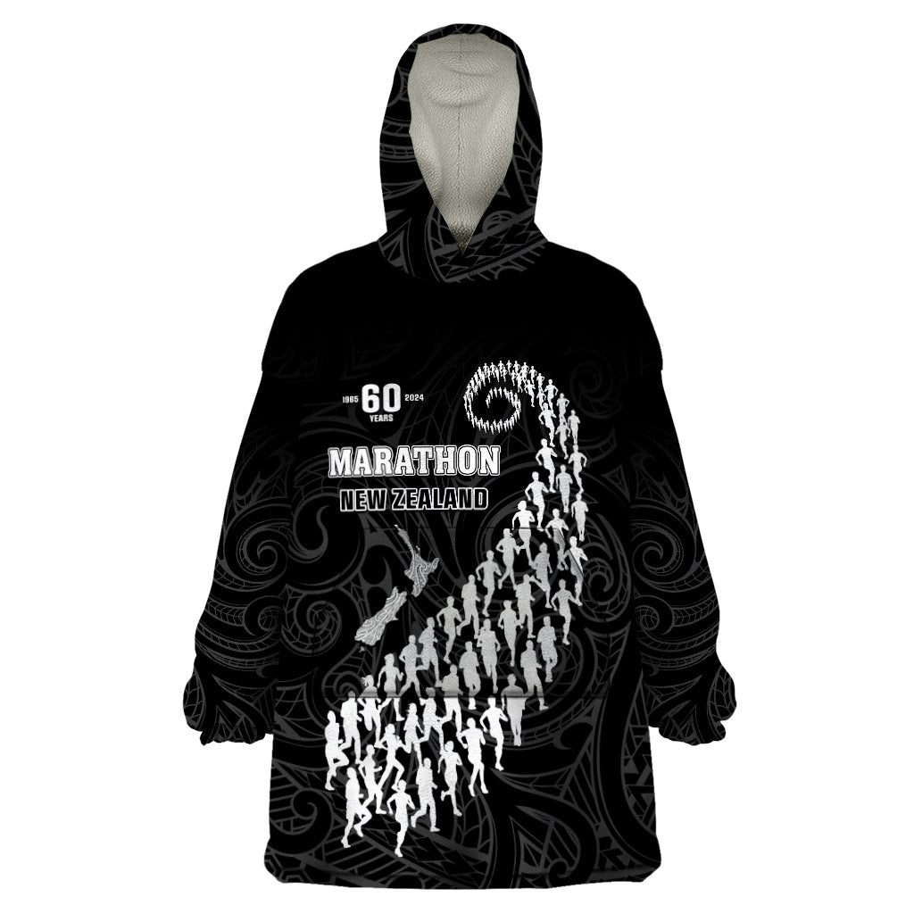 Custom New Zealand Marathon Wearable Blanket Hoodie Maori Style LT05 One Size Black - Polynesian Pride