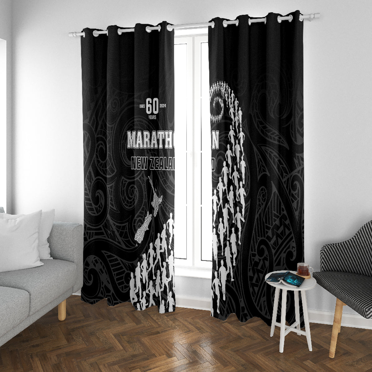 New Zealand Marathon Window Curtain Maori Style LT05 With Grommets Black - Polynesian Pride