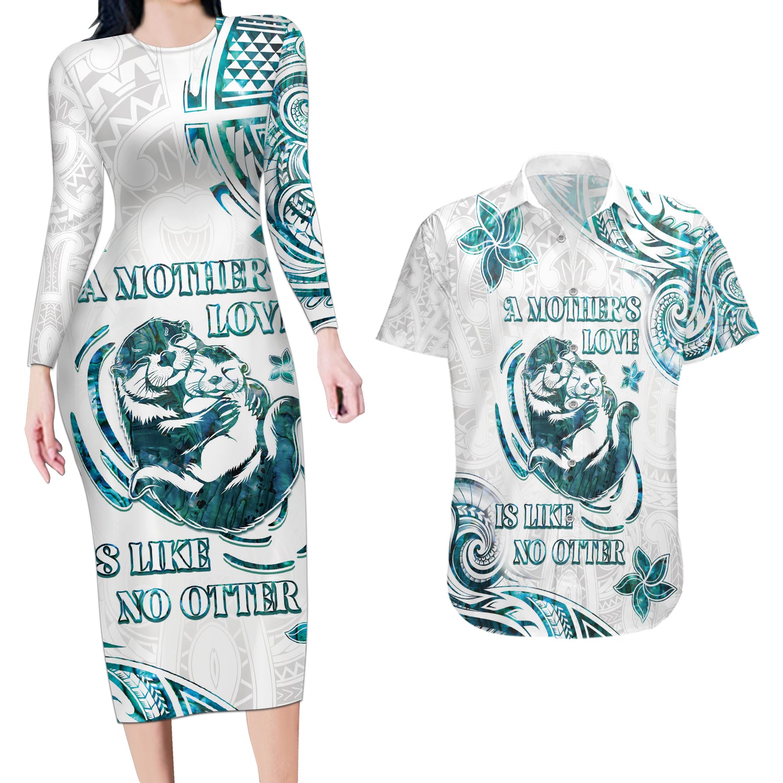New Zealand Aotearoa Hari Ra Mama Couples Matching Long Sleeve Bodycon Dress and Hawaiian Shirt A Mother's Love Is Like No Otter LT05 White - Polynesian Pride