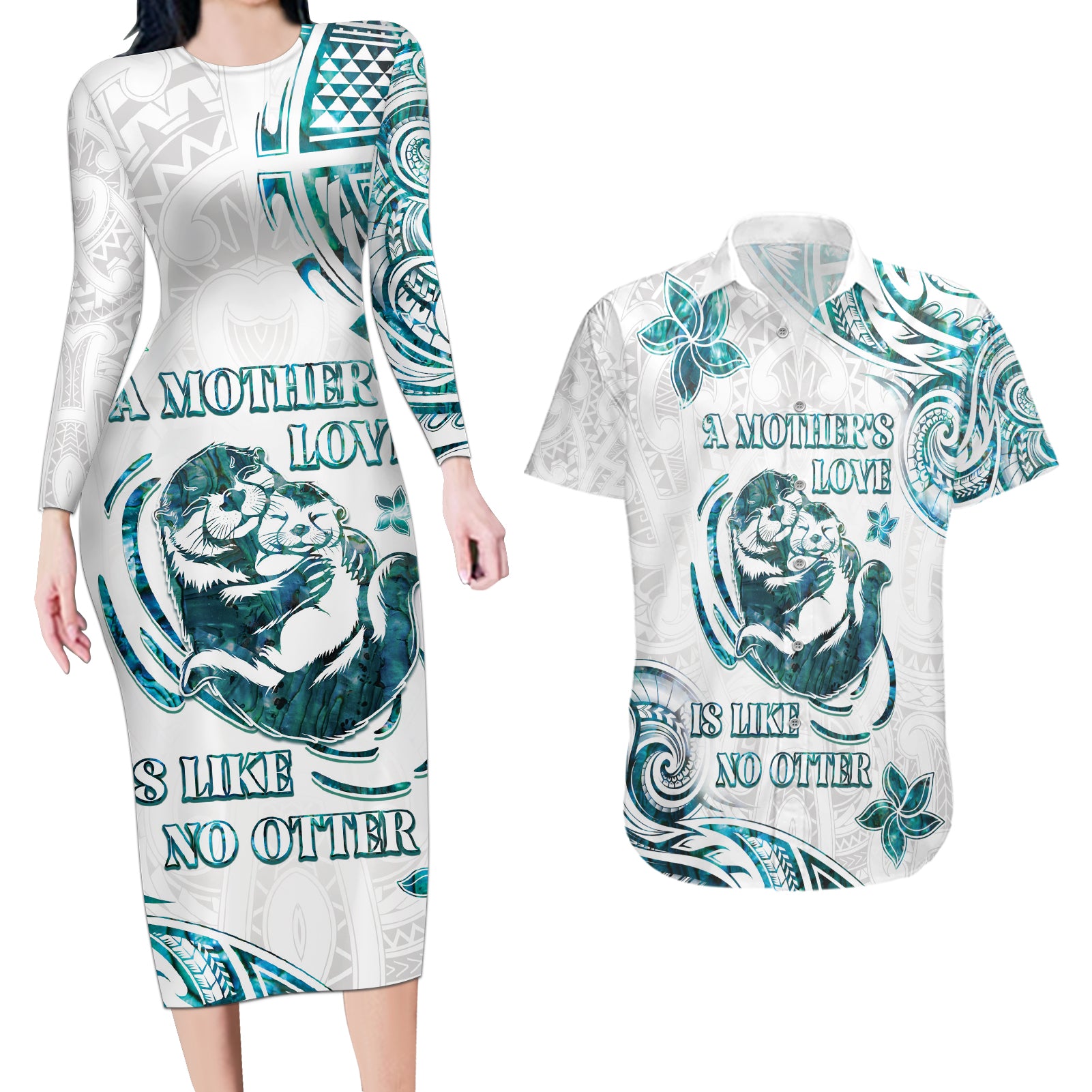 New Zealand Aotearoa Hari Ra Mama Couples Matching Long Sleeve Bodycon Dress and Hawaiian Shirt A Mother's Love Is Like No Otter