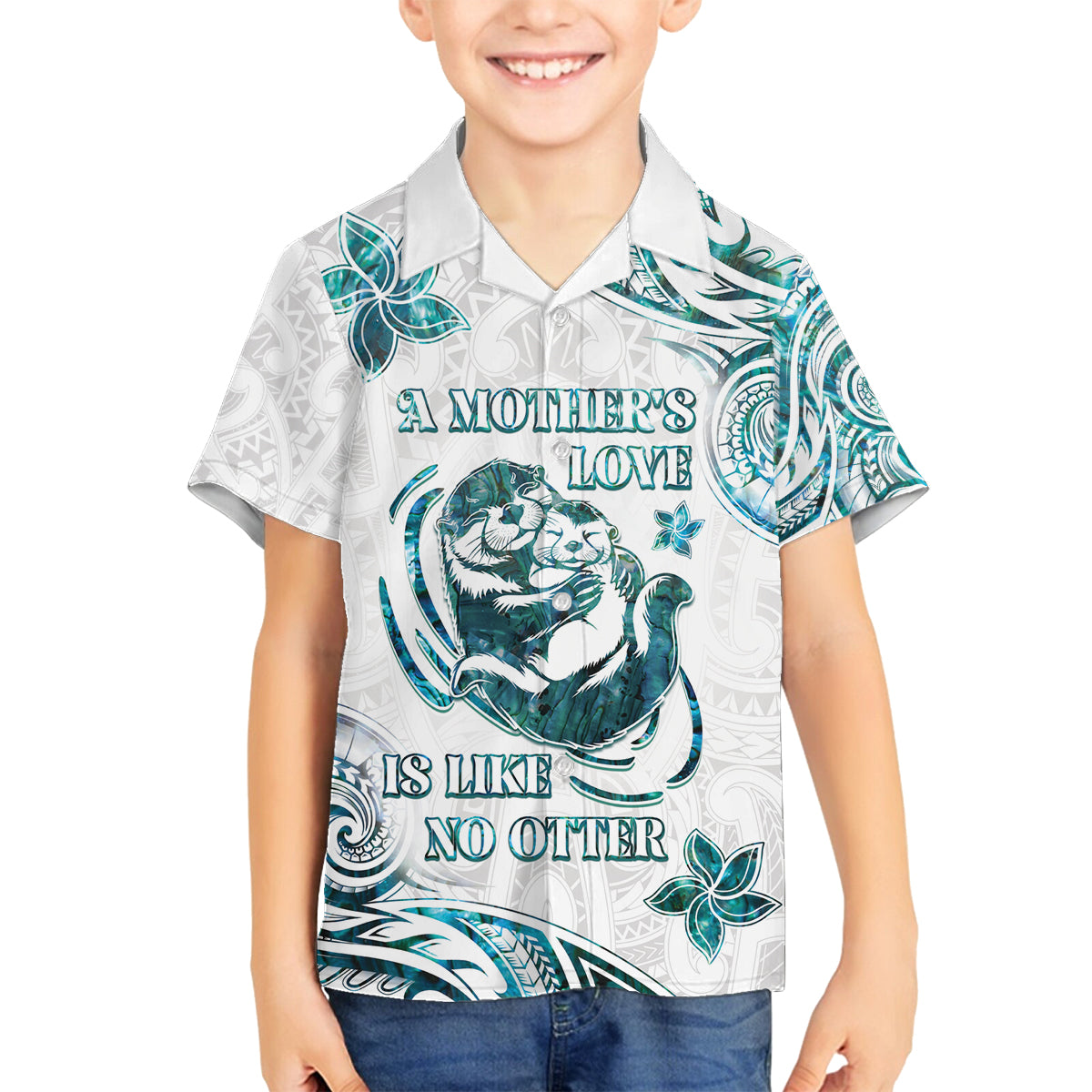 New Zealand Aotearoa Hari Ra Mama Family Matching Summer Maxi Dress and Hawaiian Shirt A Mother's Love Is Like No Otter LT05 Son's Shirt White - Polynesian Pride