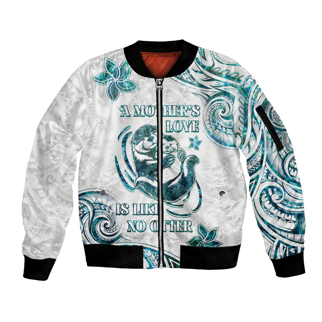 New Zealand Aotearoa Hari Ra Mama Sleeve Zip Bomber Jacket A Mother's Love Is Like No Otter LT05 Unisex White - Polynesian Pride