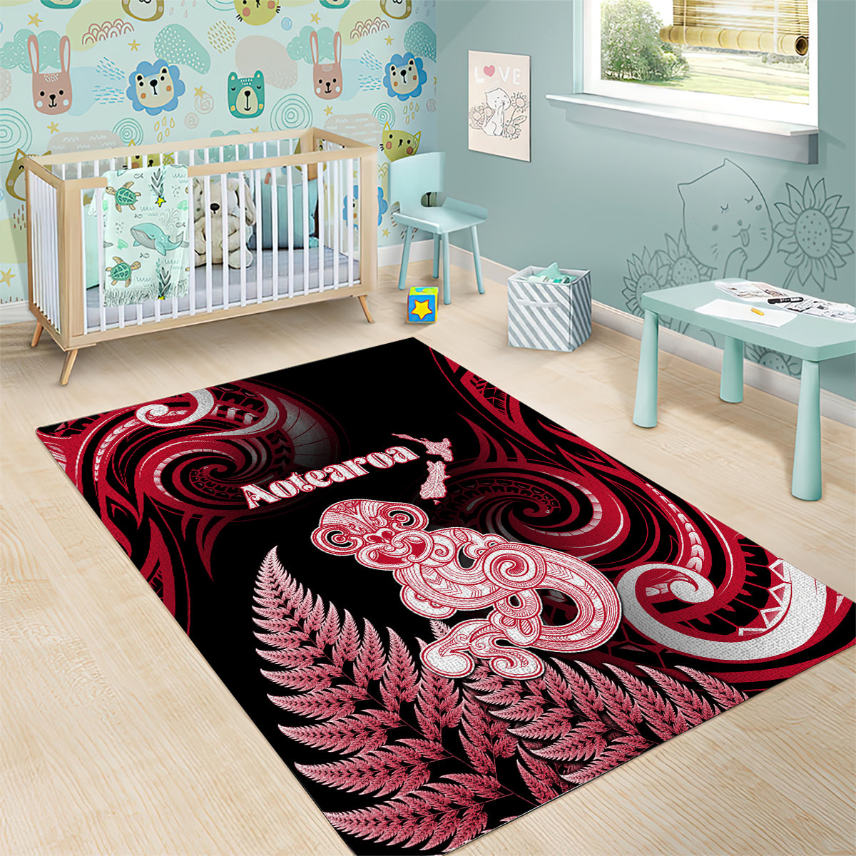 New Zealand Maori Taniwha Area Rug Silver Fern Red Version