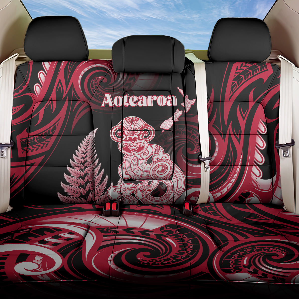 New Zealand Maori Taniwha Back Car Seat Cover Silver Fern Red Version LT05