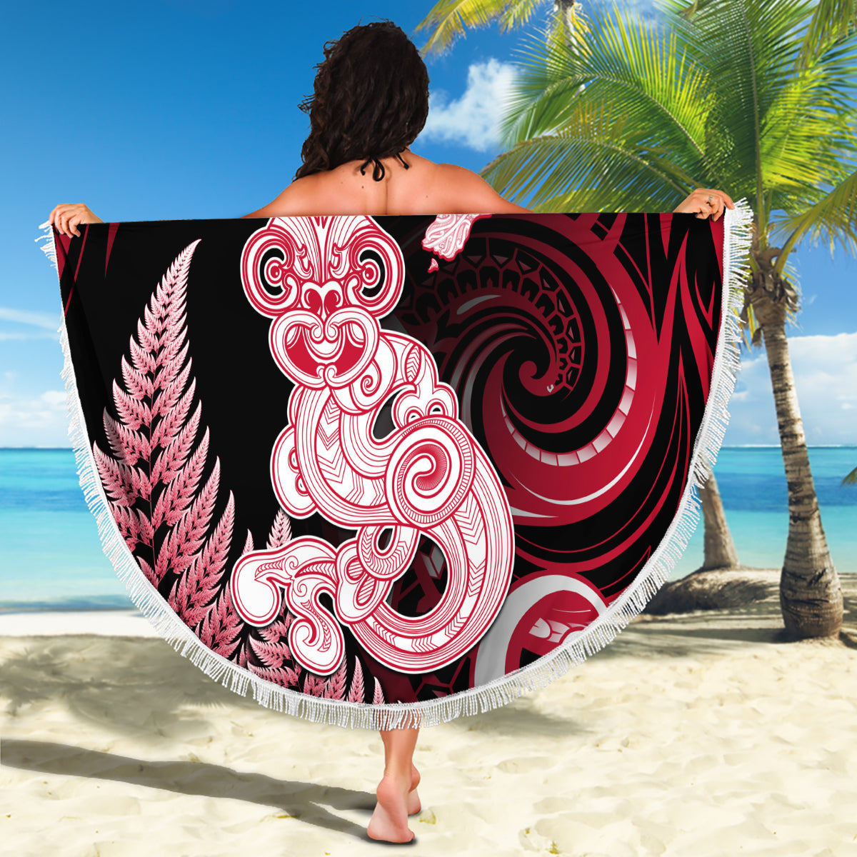 New Zealand Maori Taniwha Beach Blanket Silver Fern Red Version LT05 - Polynesian Pride