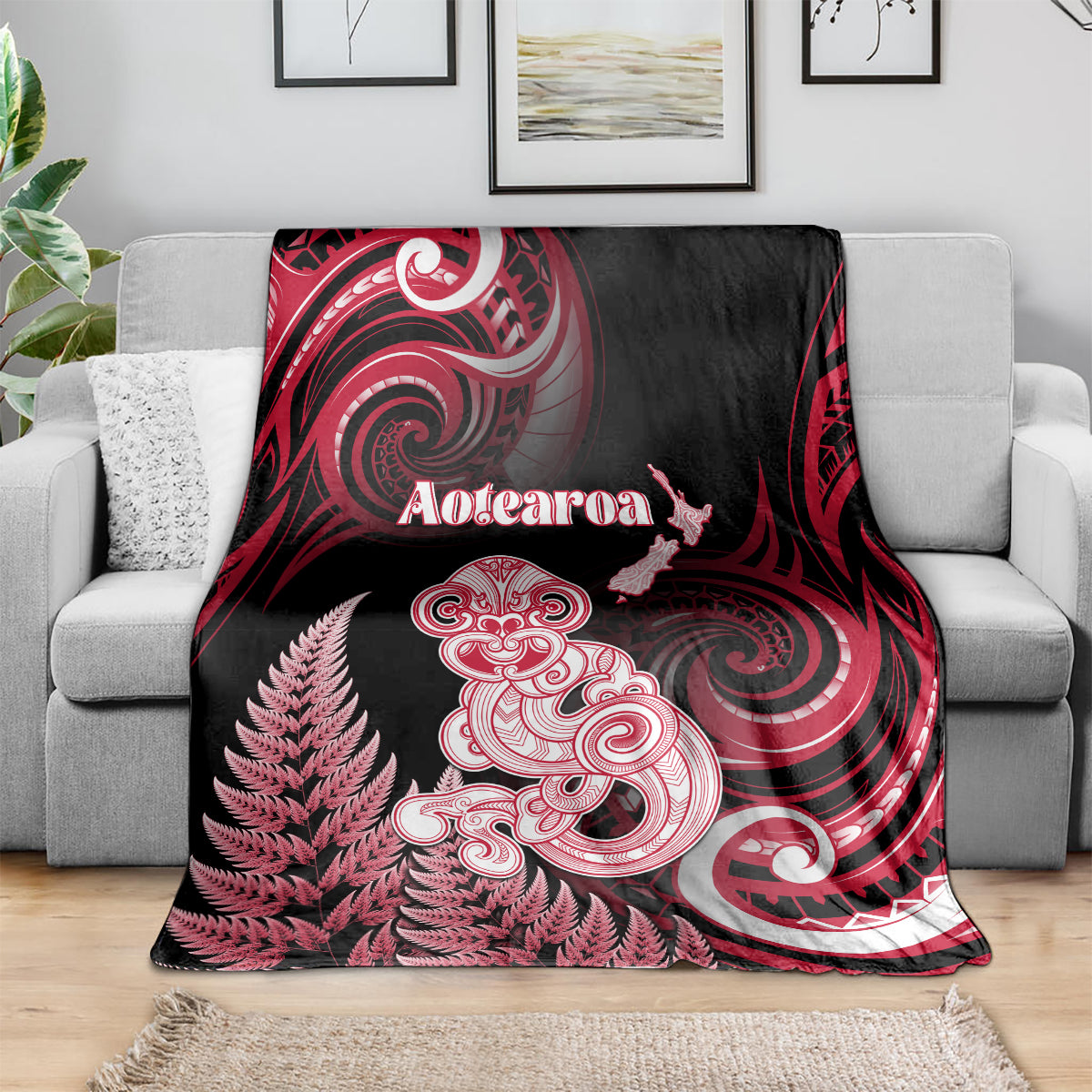 New Zealand Maori Taniwha Blanket Silver Fern Red Version LT05 - Polynesian Pride
