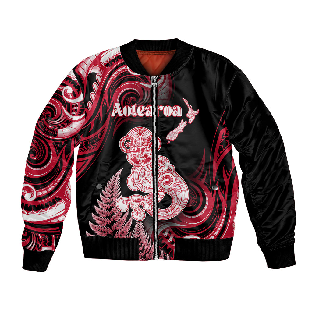 Personalised New Zealand Maori Taniwha Bomber Jacket Silver Fern Red Version LT05 Unisex Red - Polynesian Pride