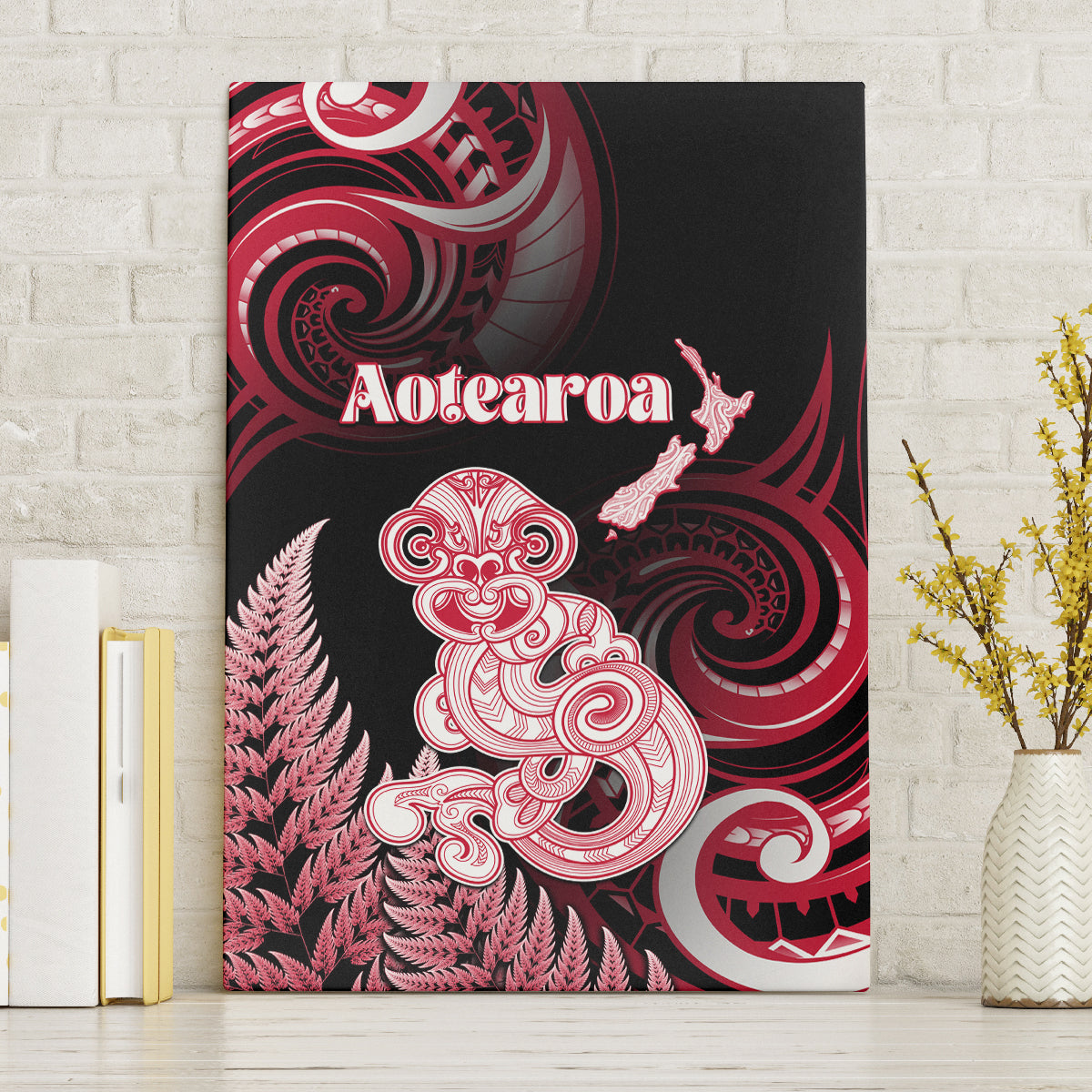 New Zealand Maori Taniwha Canvas Wall Art Silver Fern Red Version LT05 Without Frame Red - Polynesian Pride