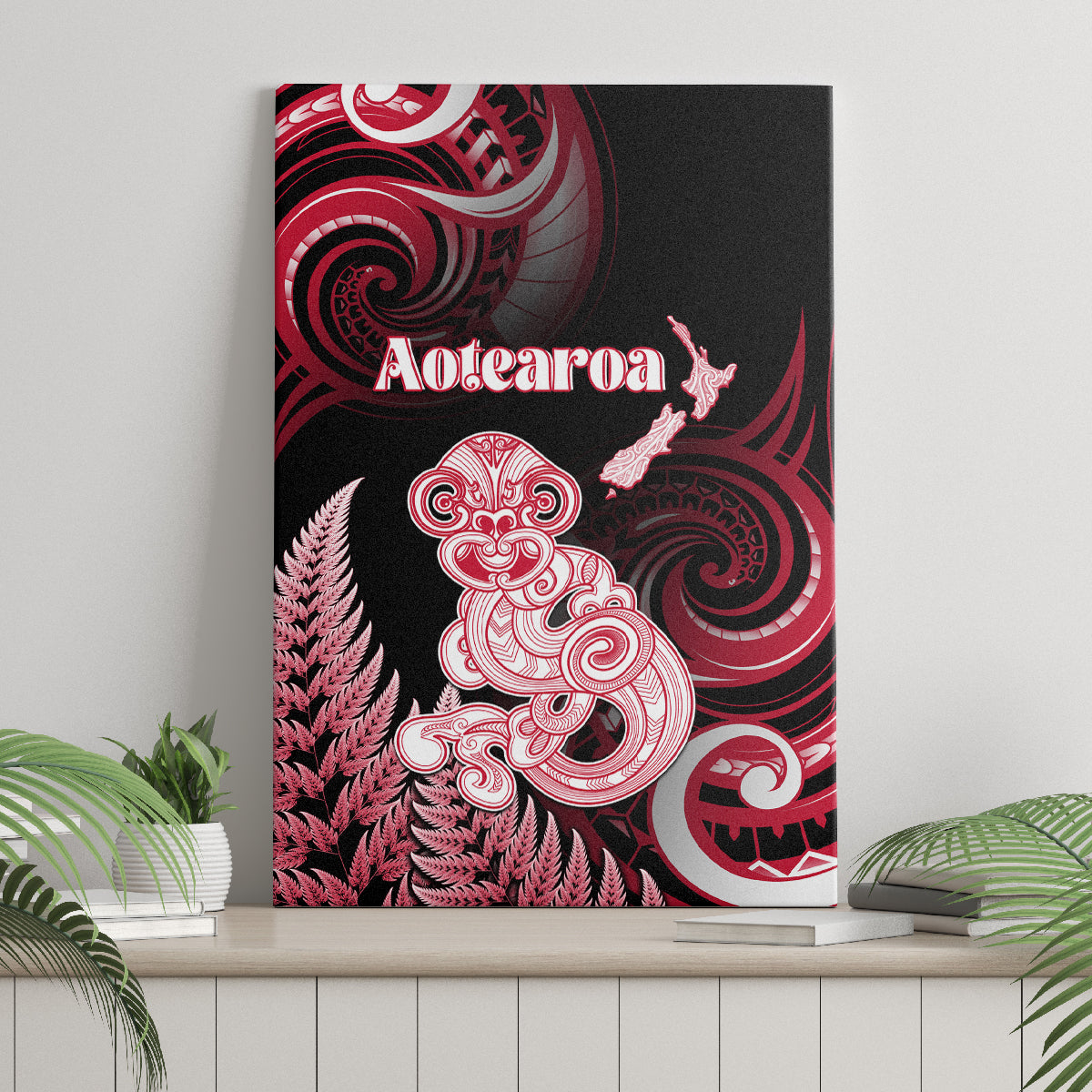 New Zealand Maori Taniwha Canvas Wall Art Silver Fern Red Version LT05 - Polynesian Pride