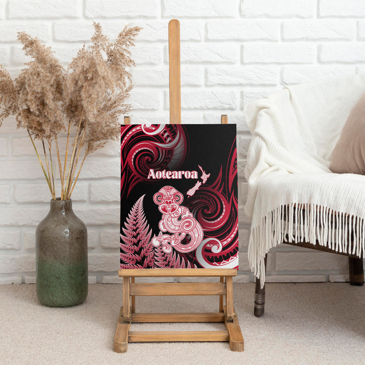 New Zealand Maori Taniwha Canvas Wall Art Silver Fern Red Version LT05 - Polynesian Pride