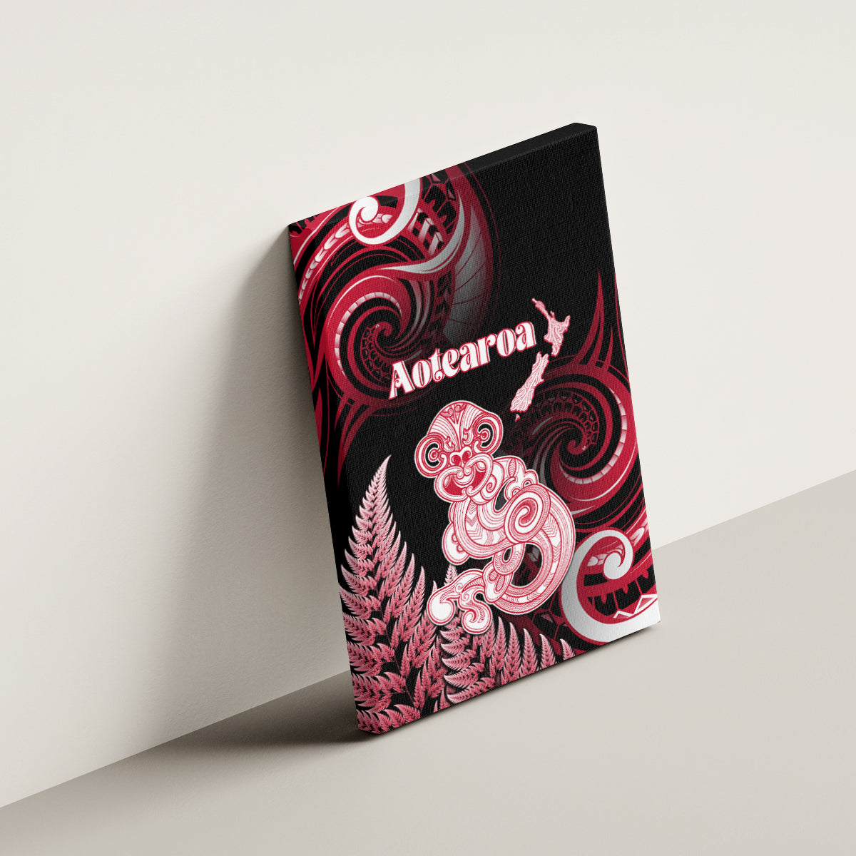New Zealand Maori Taniwha Canvas Wall Art Silver Fern Red Version LT05 - Polynesian Pride