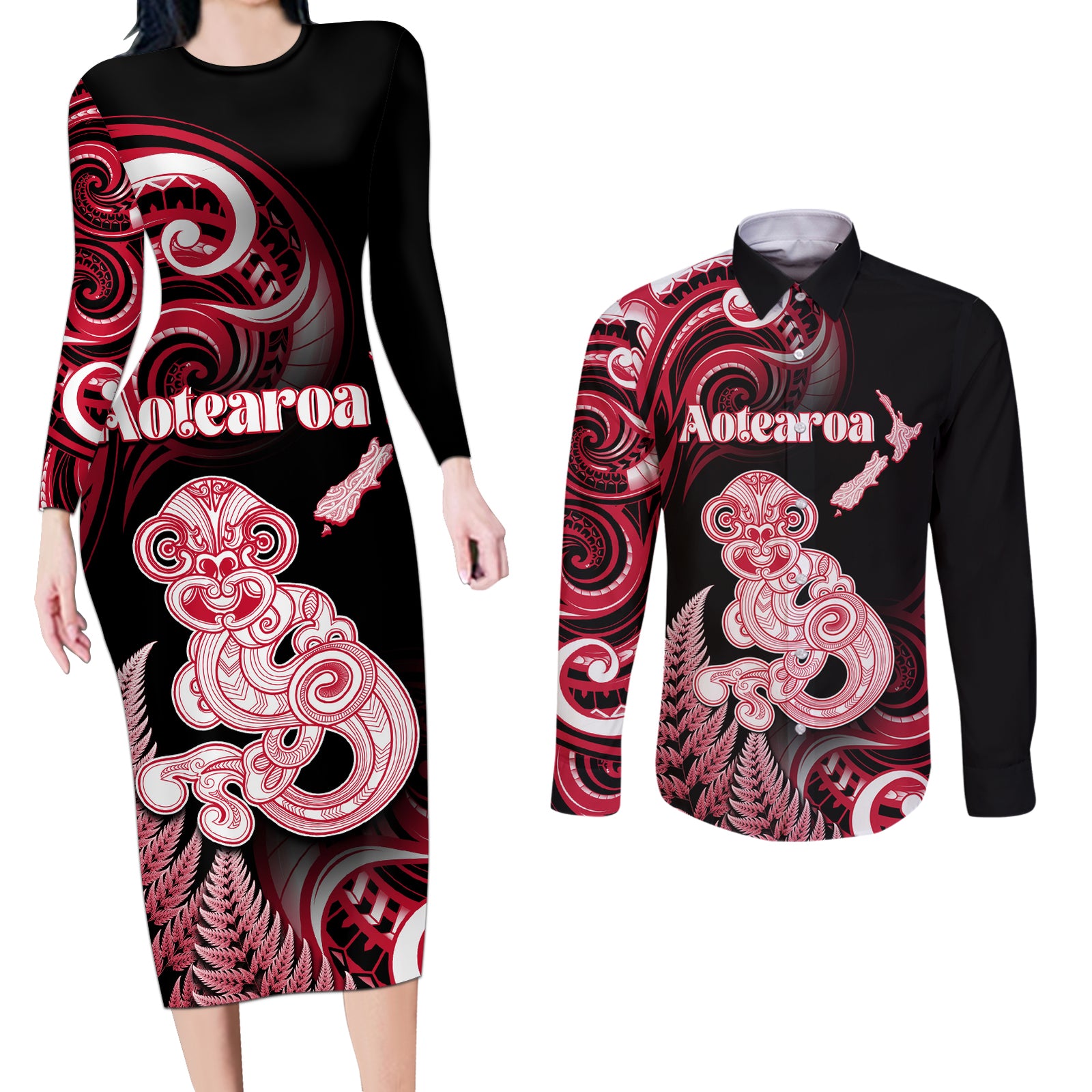 Personalised New Zealand Maori Taniwha Couples Matching Long Sleeve Bodycon Dress and Long Sleeve Button Shirt Silver Fern Red Version LT05 Red - Polynesian Pride