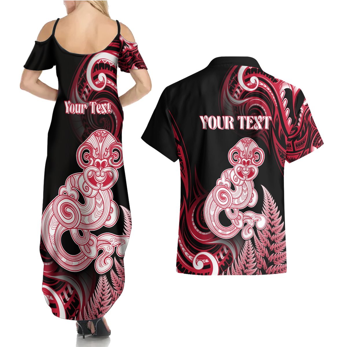 Personalised New Zealand Maori Taniwha Couples Matching Summer Maxi Dress and Hawaiian Shirt Silver Fern Red Version LT05 - Polynesian Pride