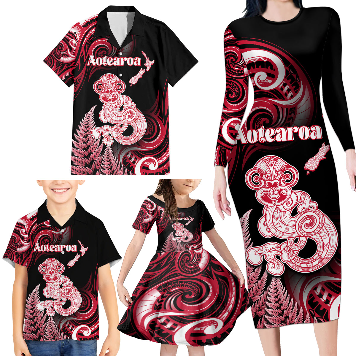 Personalised New Zealand Maori Taniwha Family Matching Long Sleeve Bodycon Dress and Hawaiian Shirt Silver Fern Red Version