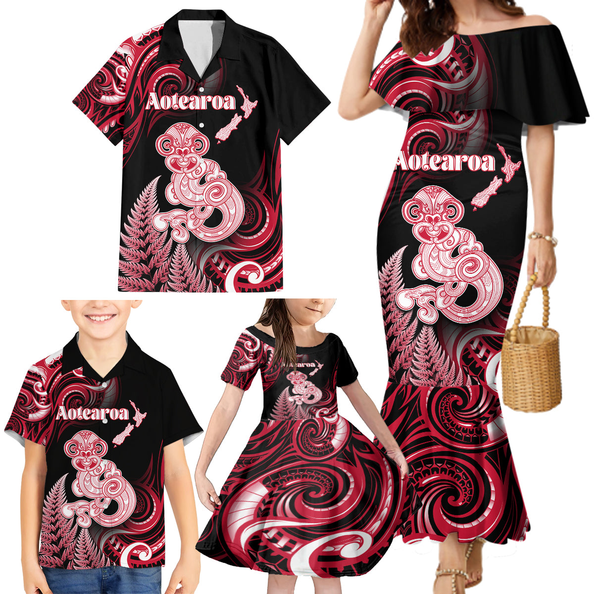 Personalised New Zealand Maori Taniwha Family Matching Mermaid Dress and Hawaiian Shirt Silver Fern Red Version