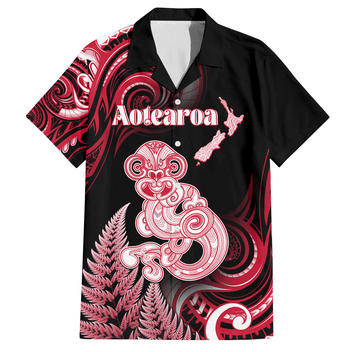 Personalised New Zealand Maori Taniwha Family Matching Off Shoulder Maxi Dress and Hawaiian Shirt Silver Fern Red Version