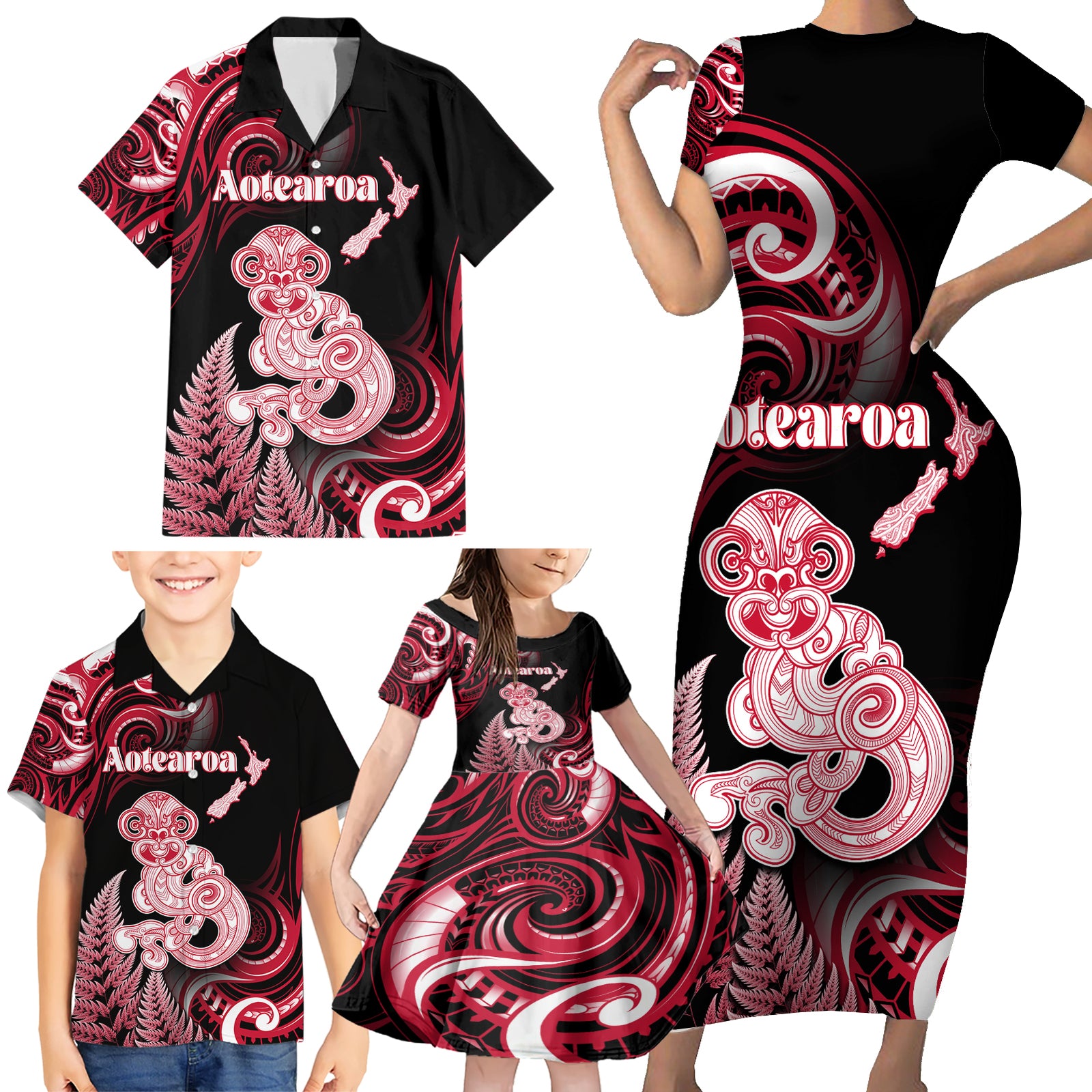 Personalised New Zealand Maori Taniwha Family Matching Short Sleeve Bodycon Dress and Hawaiian Shirt Silver Fern Red Version LT05 - Polynesian Pride