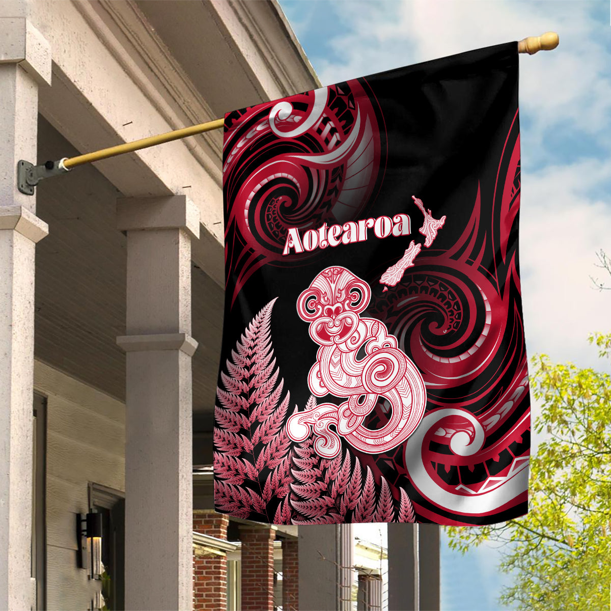 New Zealand Maori Taniwha Garden Flag Silver Fern Red Version LT05 House Flag Red - Polynesian Pride