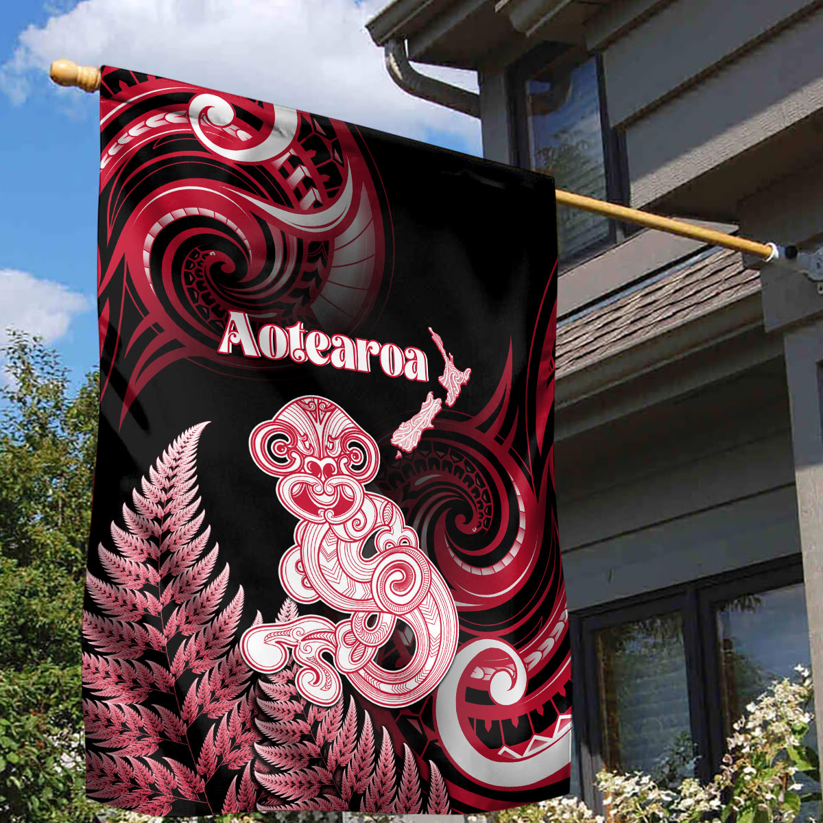 New Zealand Maori Taniwha Garden Flag Silver Fern Red Version LT05 - Polynesian Pride