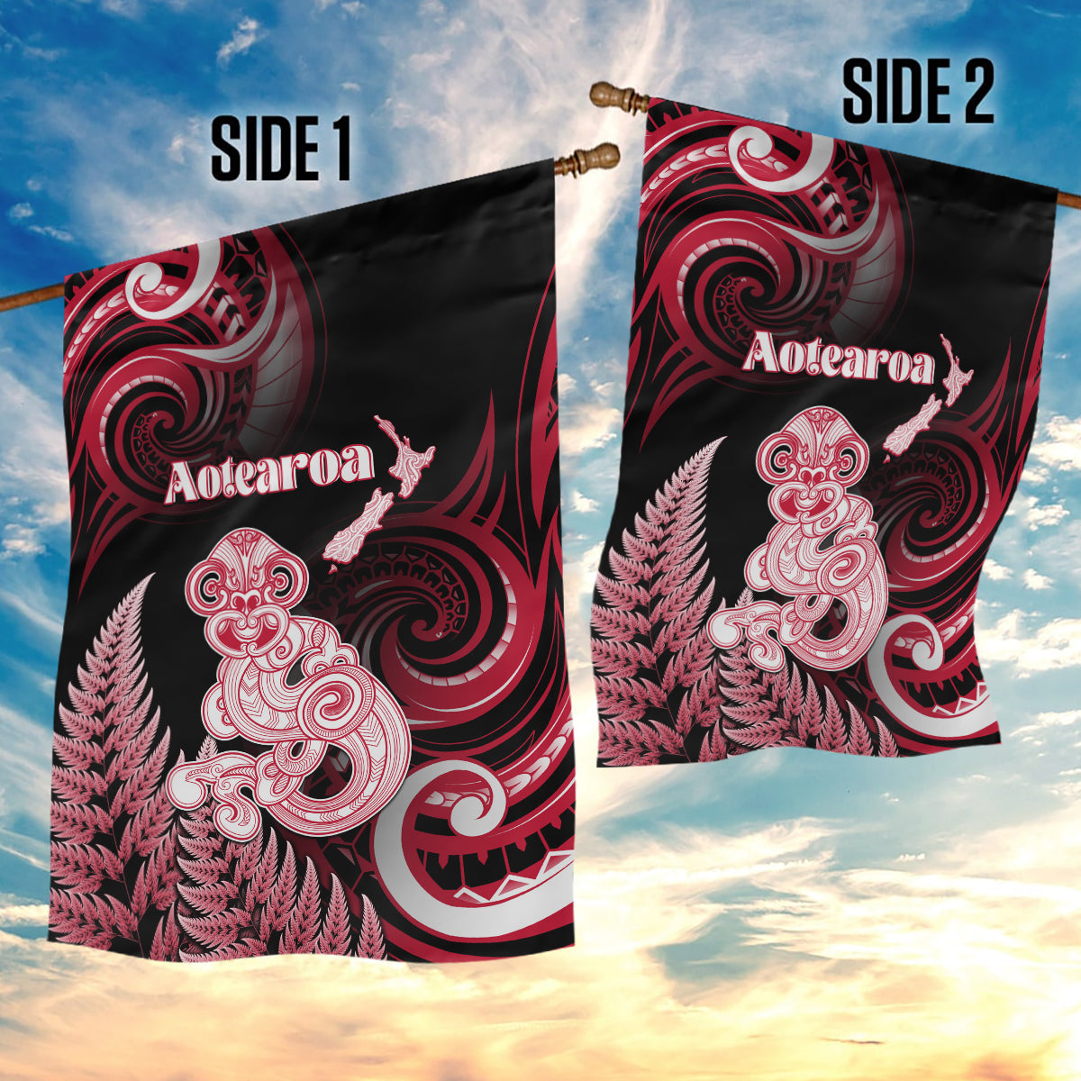 New Zealand Maori Taniwha Garden Flag Silver Fern Red Version LT05 - Polynesian Pride