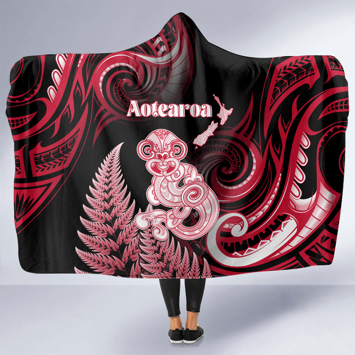 New Zealand Maori Taniwha Hooded Blanket Silver Fern Red Version LT05 - Polynesian Pride