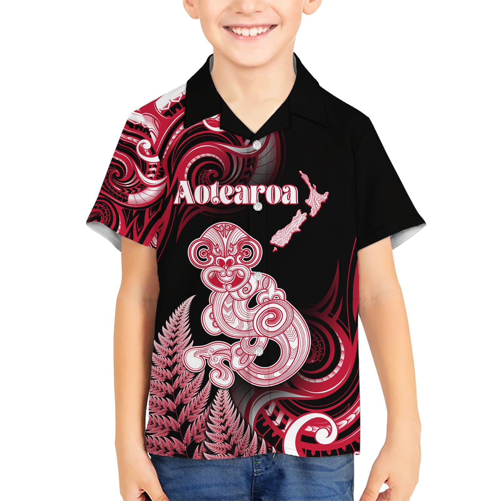 Personalised New Zealand Maori Taniwha Kid Hawaiian Shirt Silver Fern Red Version