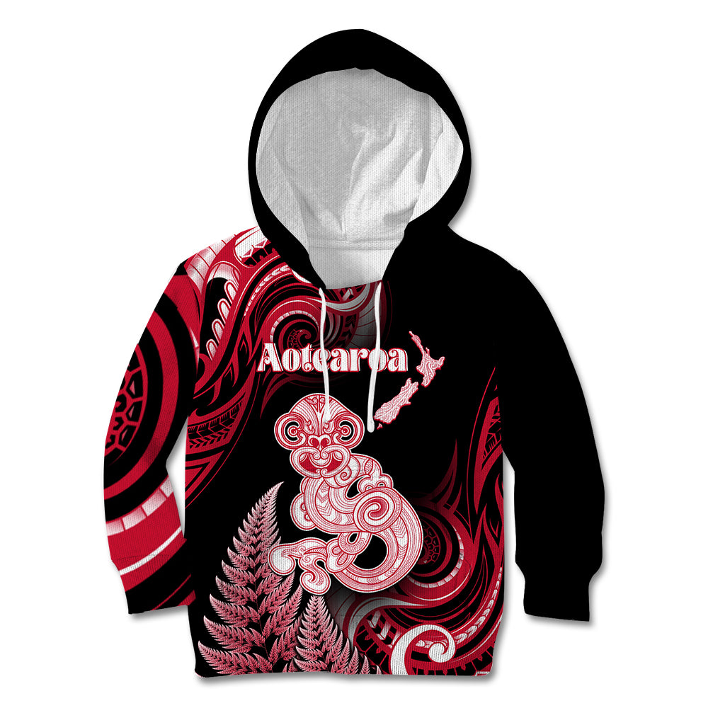 Personalised New Zealand Maori Taniwha Kid Hoodie Silver Fern Red Version